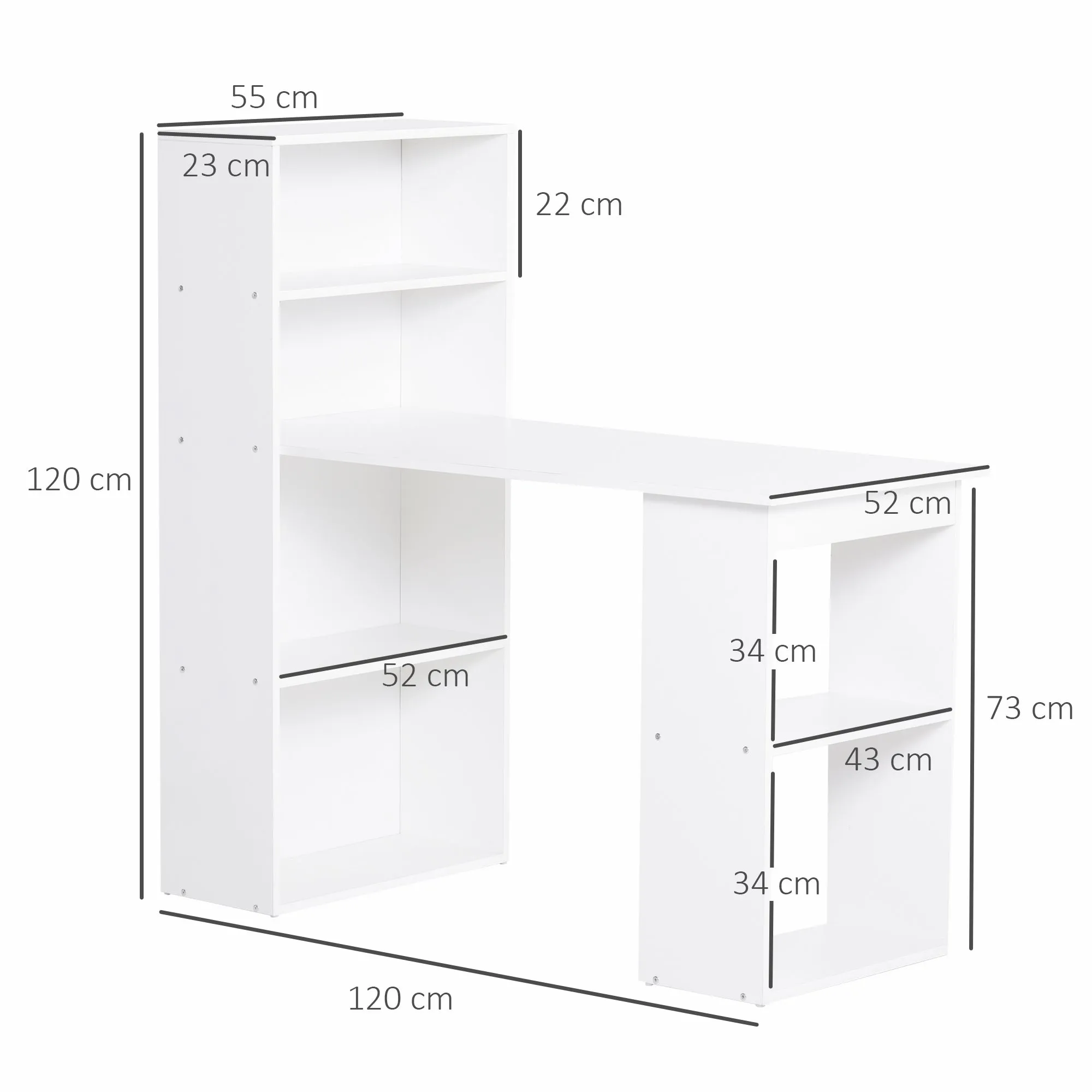 120cm Modern Computer Desk Bookshelf Writing Table Workstation PC Laptop Study Home Office 6 Shelves White