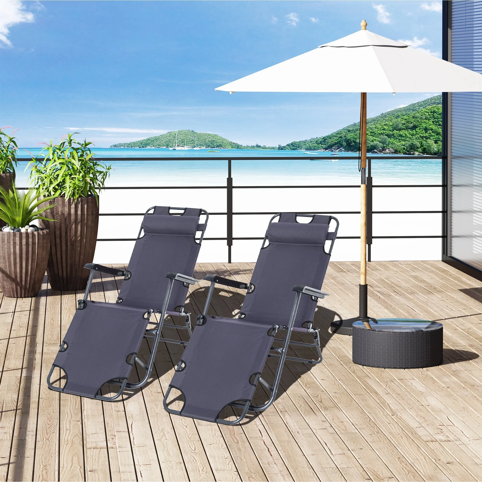 2-Piece Foldable Sun Loungers with Adjustable Back Outdoor Reclining Garden Chairs with Pillow and Armrests Grey