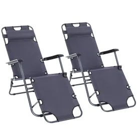 2-Piece Foldable Sun Loungers with Adjustable Back Outdoor Reclining Garden Chairs with Pillow and Armrests Grey