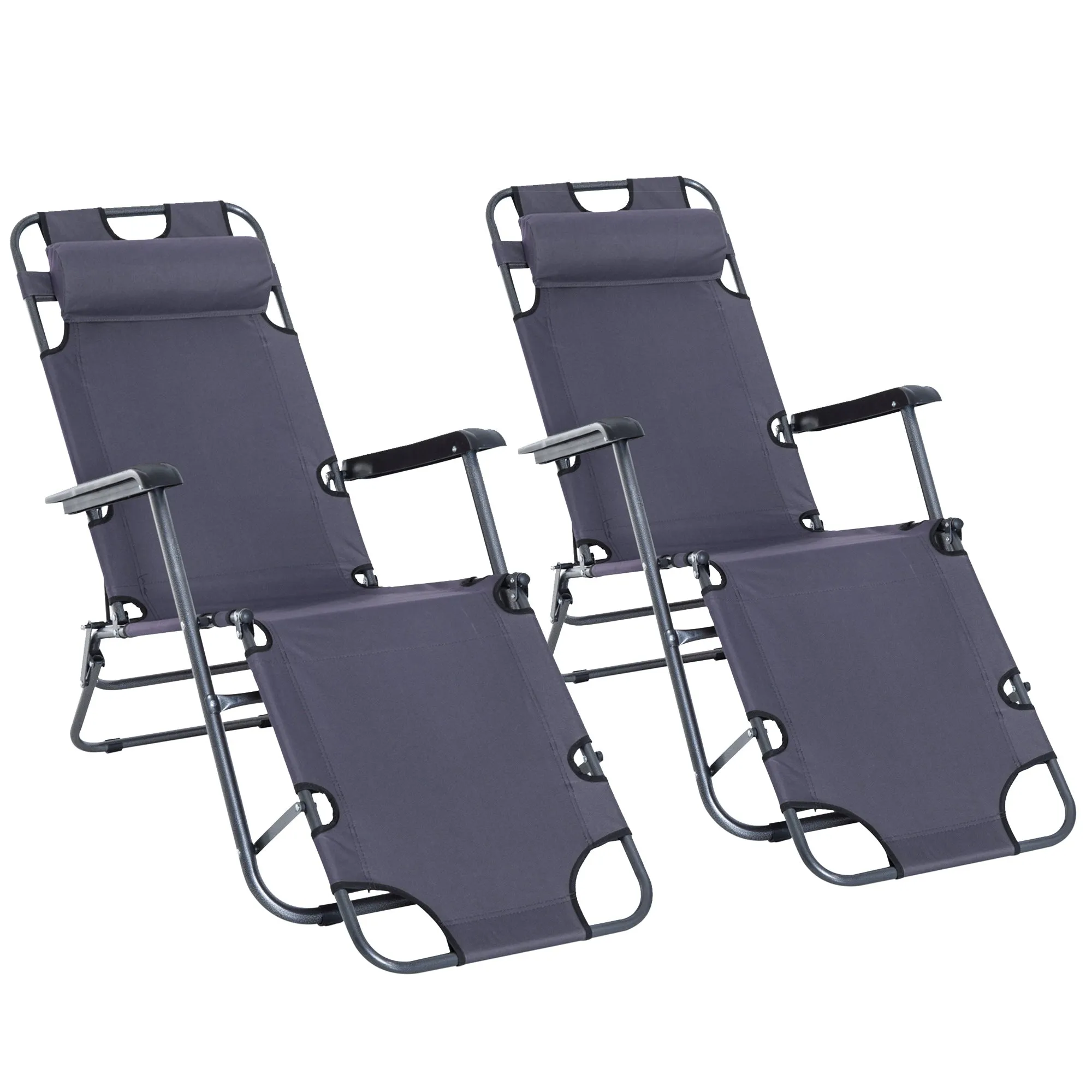2-Piece Foldable Sun Loungers with Adjustable Back Outdoor Reclining Garden Chairs with Pillow and Armrests Grey