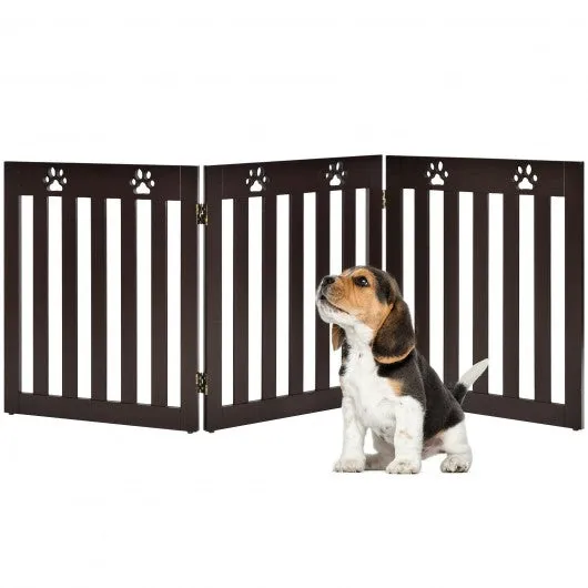 24" Folding Wooden Freestanding Dog Gate w/360° Flexible Hinge for Pet-Espresso