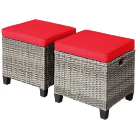2PCS Patio Rattan Wicker Ottoman Seat with Removable Cushions-Red