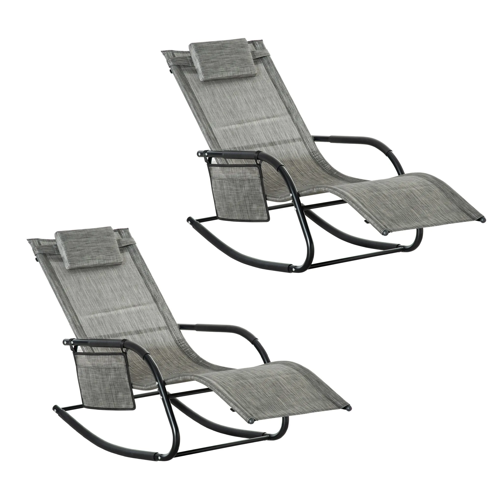 2Piece Garden Rocking Chair Patio Sun Lounger Rocker ChairWith Breathable Mesh Fabric Removable Headrest Pillow Side Storage Bag Dark Grey
