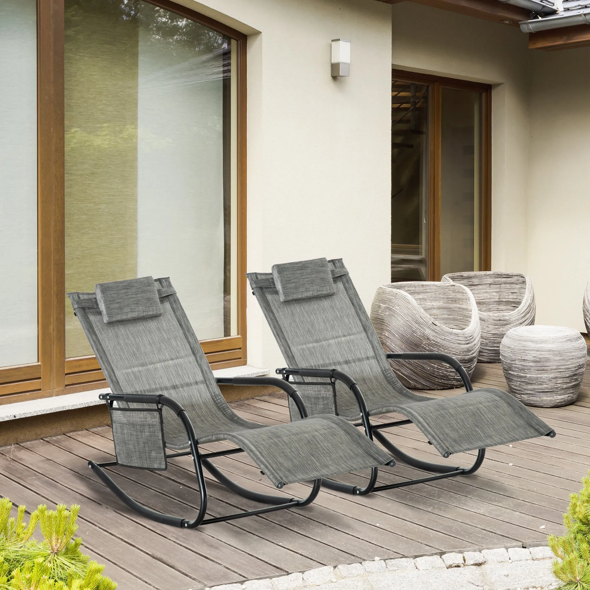 2Piece Garden Rocking Chair Patio Sun Lounger Rocker ChairWith Breathable Mesh Fabric Removable Headrest Pillow Side Storage Bag Dark Grey