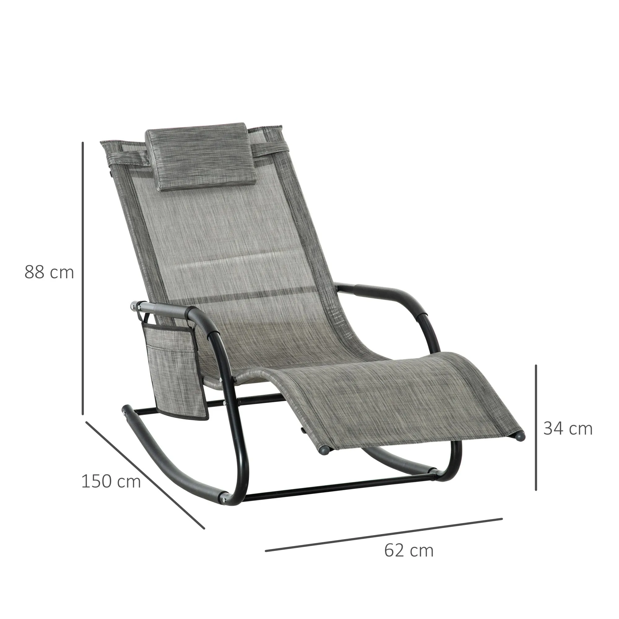 2Piece Garden Rocking Chair Patio Sun Lounger Rocker ChairWith Breathable Mesh Fabric Removable Headrest Pillow Side Storage Bag Dark Grey