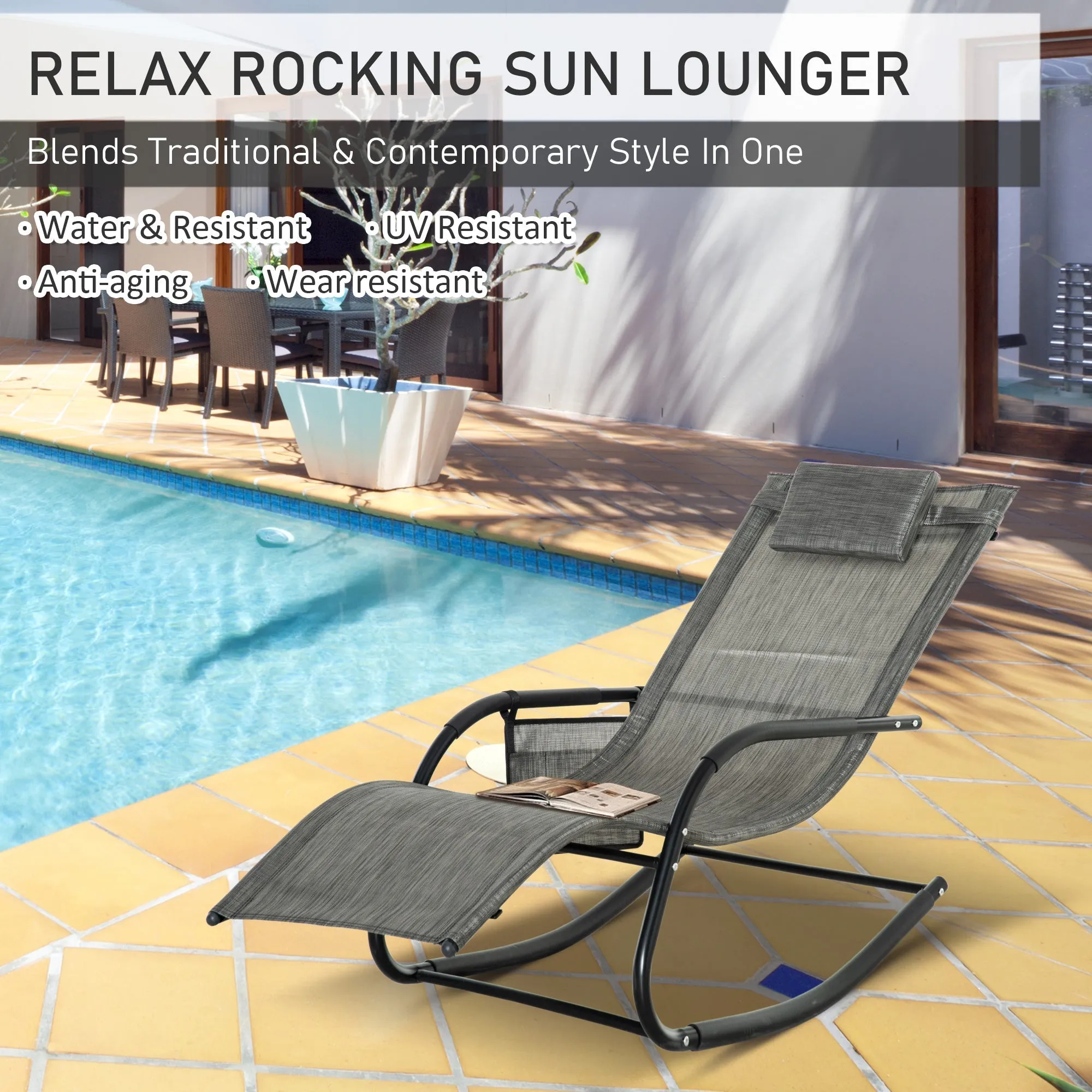 2Piece Garden Rocking Chair Patio Sun Lounger Rocker ChairWith Breathable Mesh Fabric Removable Headrest Pillow Side Storage Bag Dark Grey
