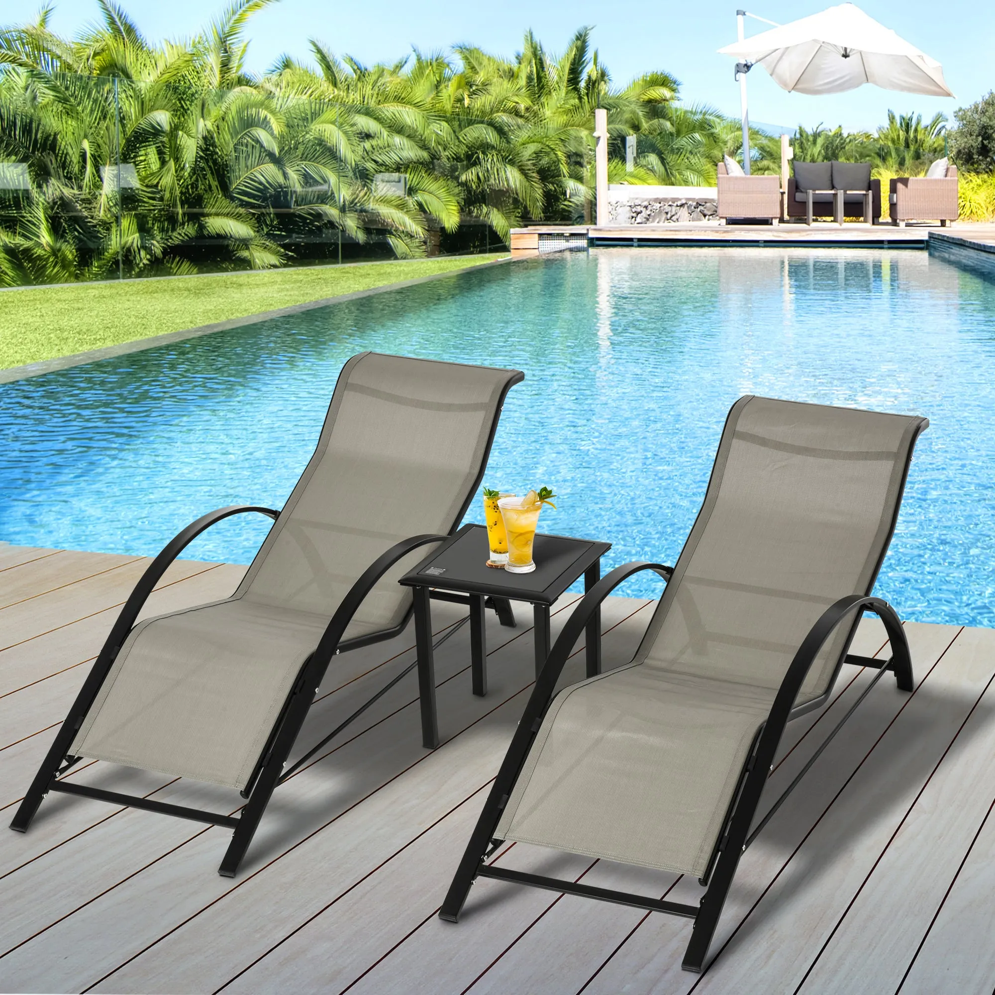 3 Pieces Lounge Chair Set Garden Outdoor Recliner Sunbathing Chair with Table, Grey