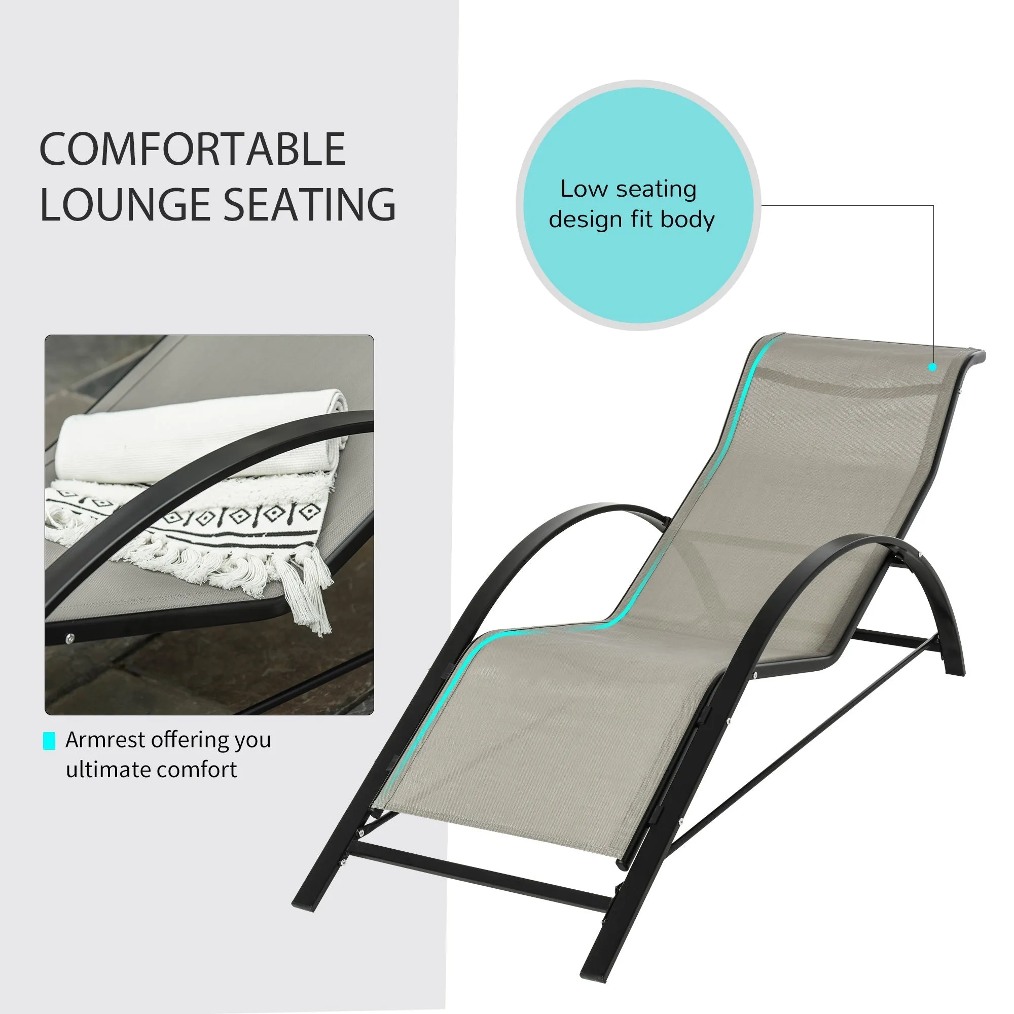 3-Pieces Lounge Chair Set Metal Frame Garden Outdoor Recliner Sunbathing Chair with Table