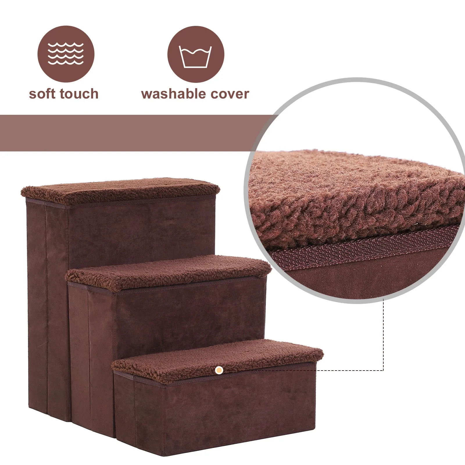 3 Step Pet Stairs Foldable Portable Mobility Assistance w/ Washable Fleece Cover 41x19cm Brown