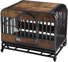 38"/42" Heavy Duty Dog Crate Furniture for Large Dogs, Enclosed design with Lockable Wheels, Indestructible Metal Kennel for High Anxiety Dogs, Chew Proof Pet Cage House Indoor, Brown (37.4*23.6*31.9)