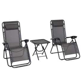 3Piece Folding Zero Gravity Chairs Sun Lounger Table SetWith Cup Holders Reclining Garden Yard Pool Dark Grey