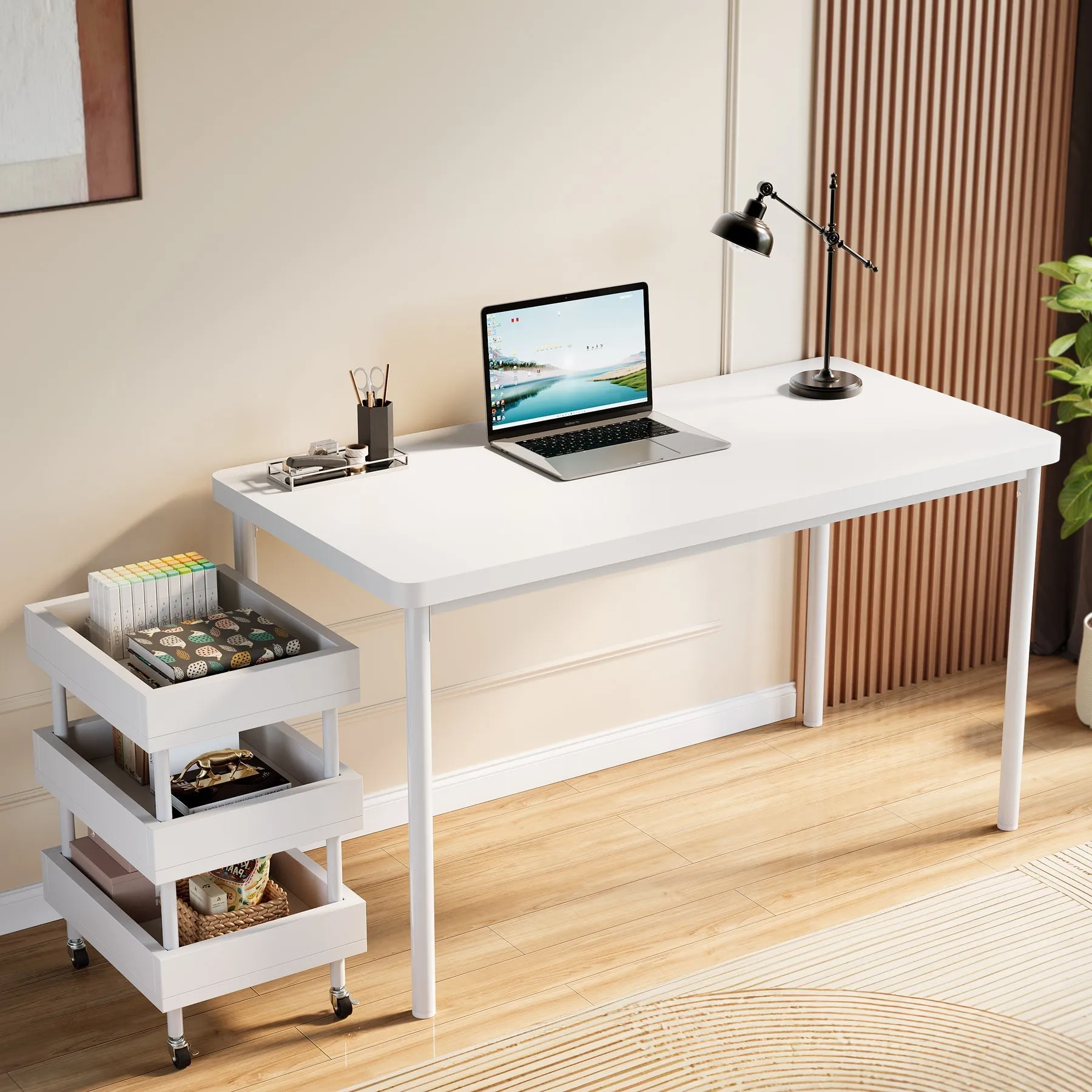 47" Computer Desk, Wood Study Table with 3 Tier Storage Cart
