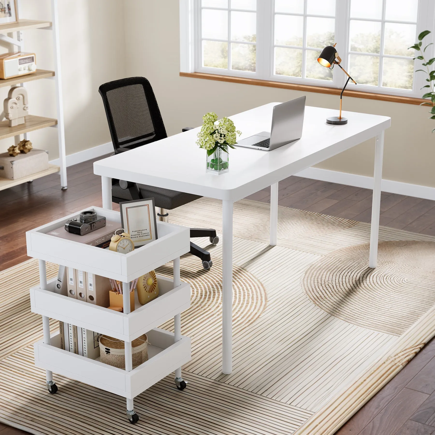 47" Computer Desk, Wood Study Table with 3 Tier Storage Cart