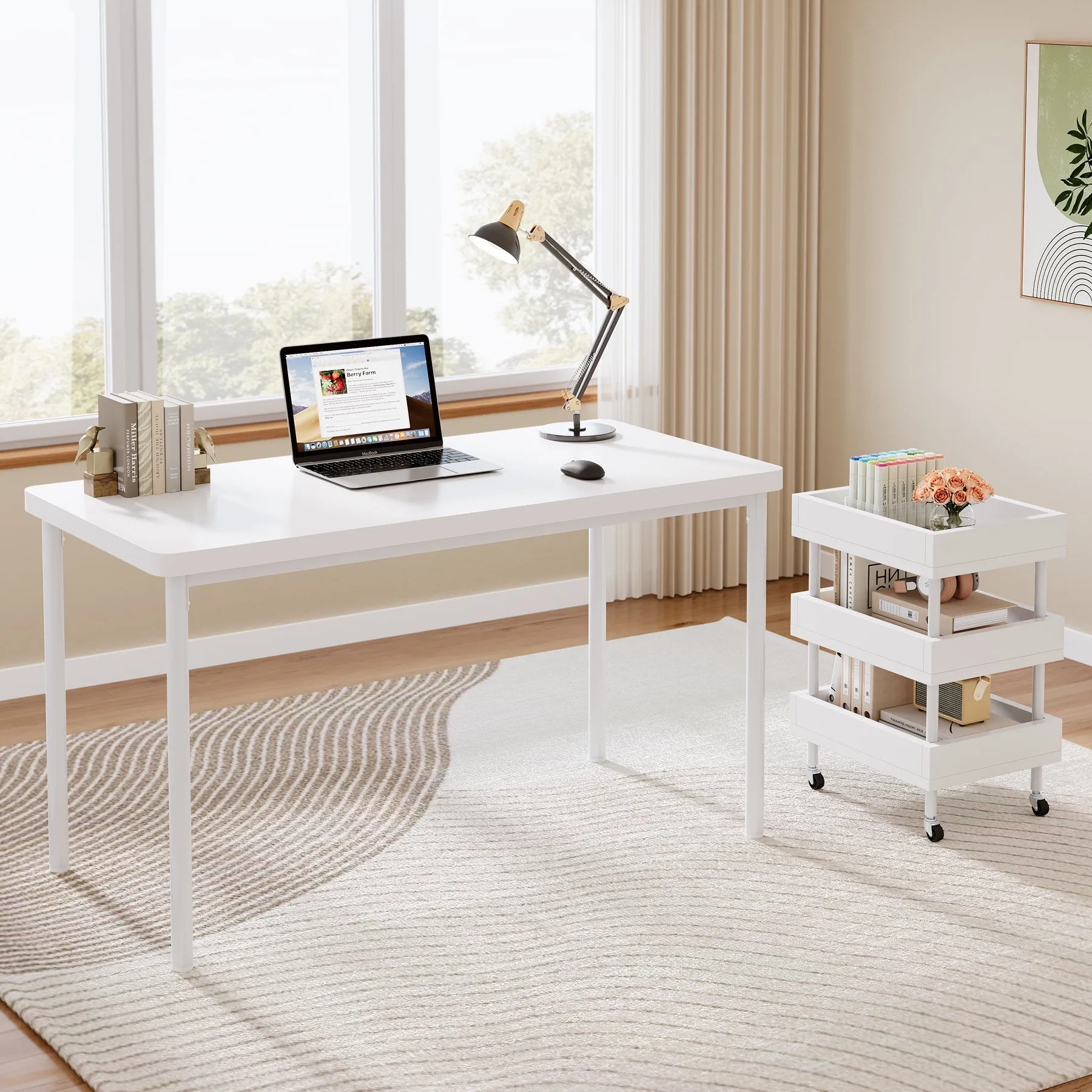 47" Computer Desk, Wood Study Table with 3 Tier Storage Cart