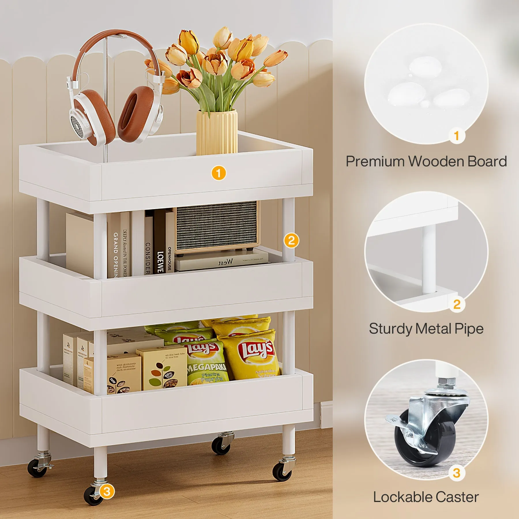47" Computer Desk, Wood Study Table with 3 Tier Storage Cart