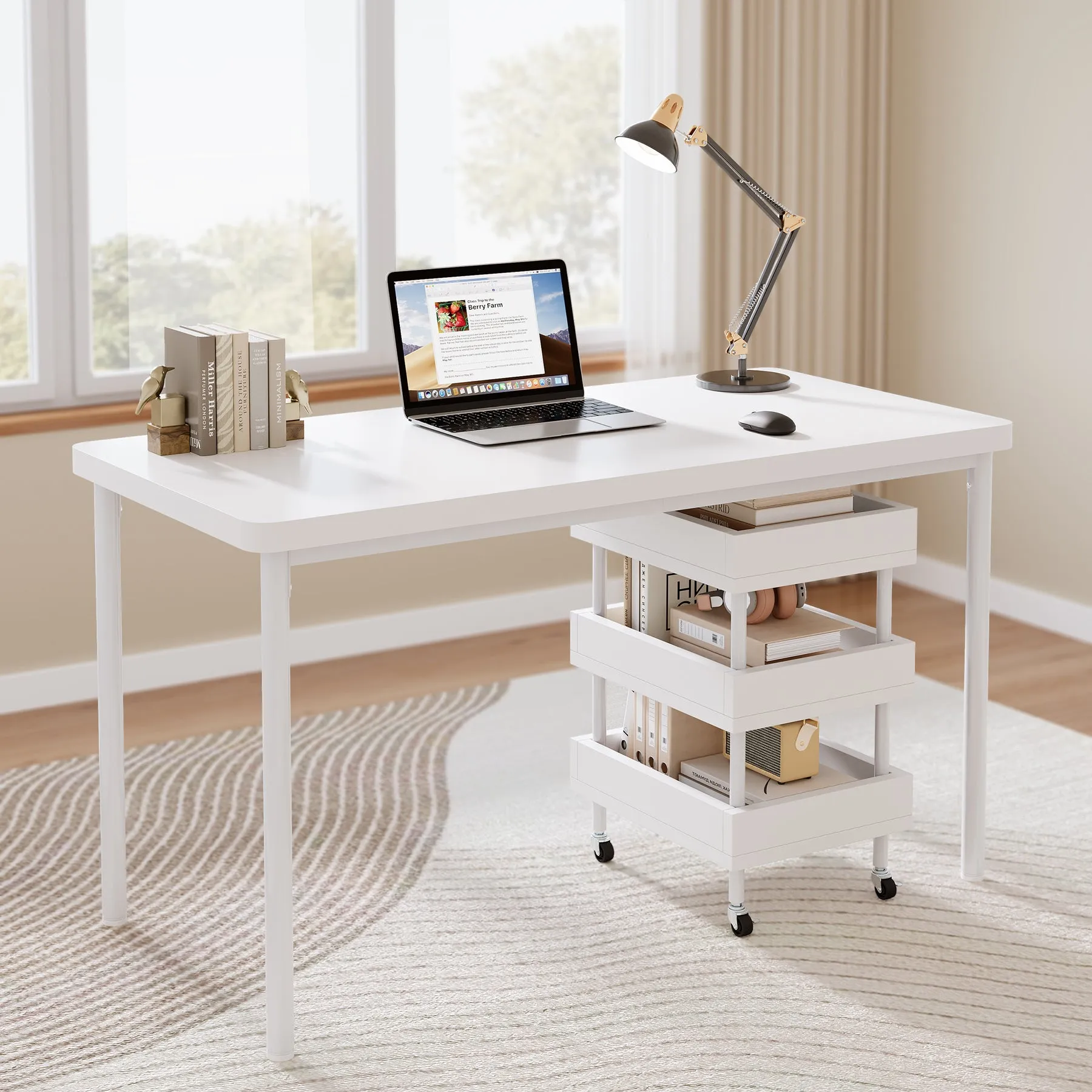 47" Computer Desk, Wood Study Table with 3 Tier Storage Cart