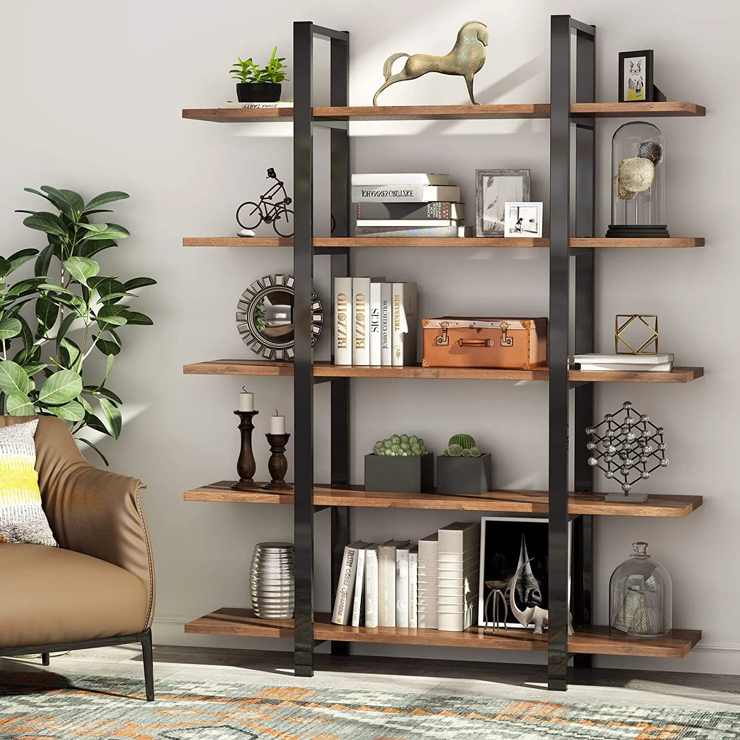 5-Tier Bookshelf, Vintage Industrial Style 70 ‘’ H x 12’’ W x 47’’L