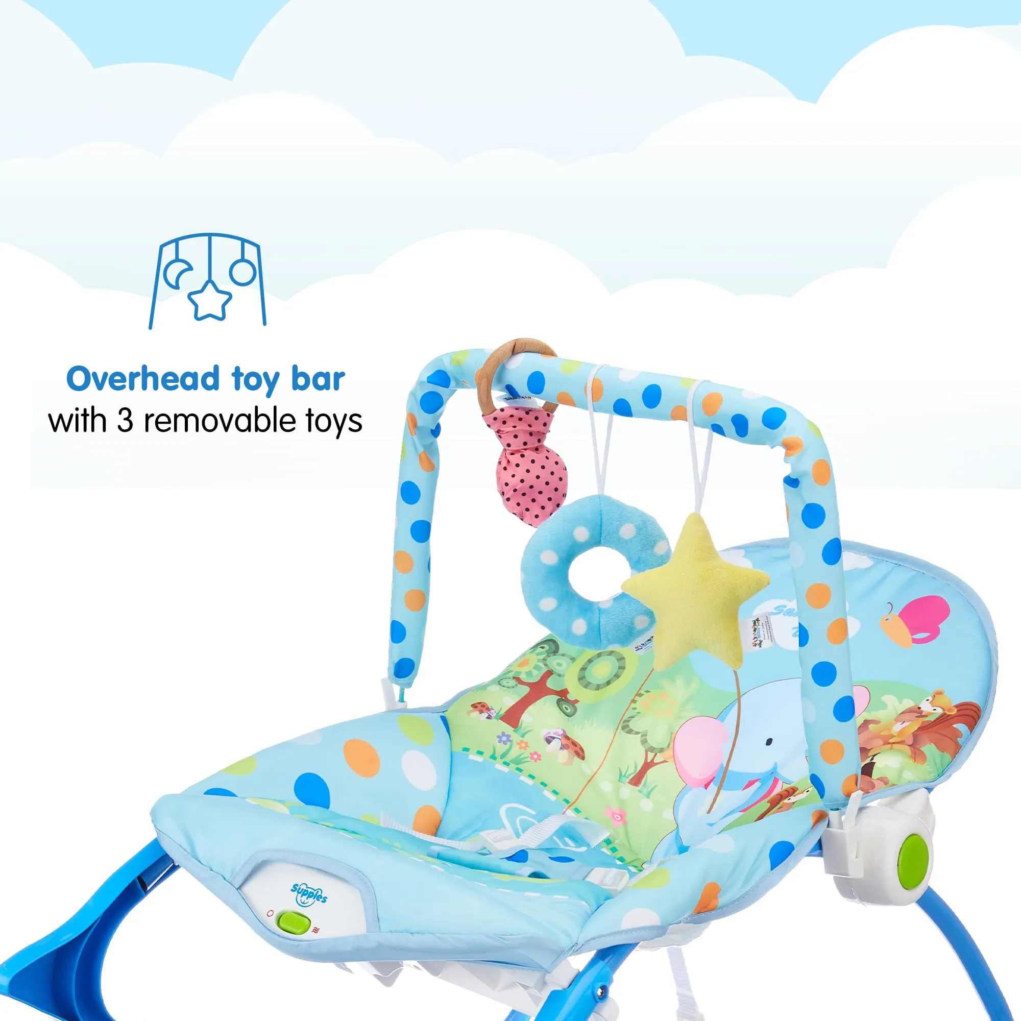 Amazon Brand - Supples Baby Rocker with Detachable Toy Bar, Calming Vibration, Safe, with Mosquito net, Portable (Blue)