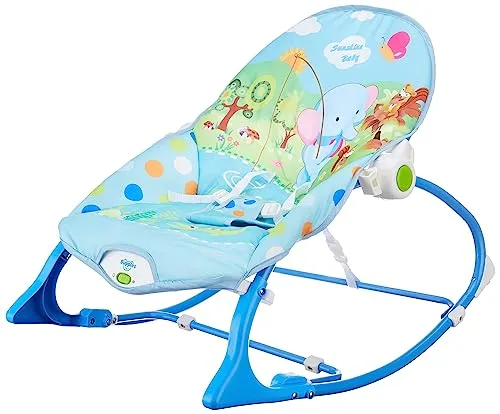 Amazon Brand - Supples Baby Rocker with Detachable Toy Bar, Calming Vibration, Safe, with Mosquito net, Portable (Blue)