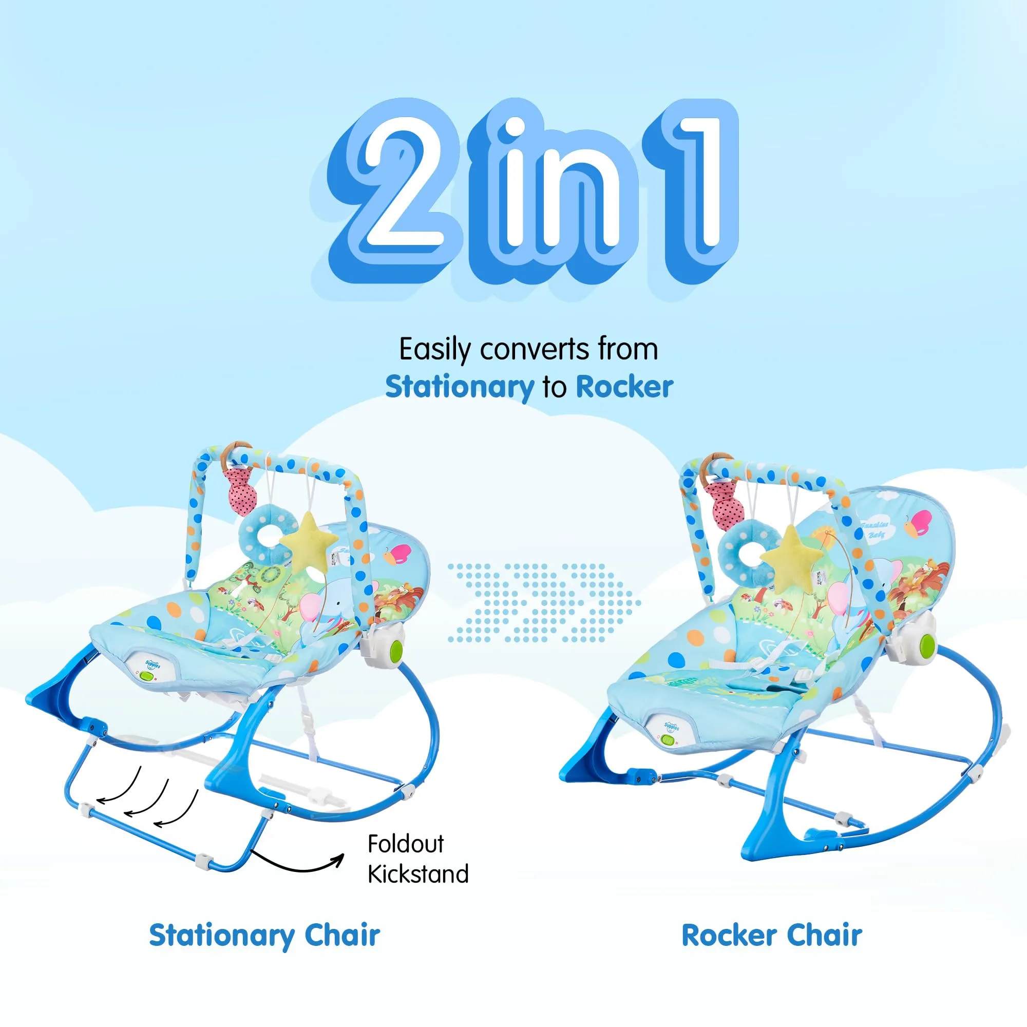 Amazon Brand - Supples Baby Rocker with Detachable Toy Bar, Calming Vibration, Safe, with Mosquito net, Portable (Blue)