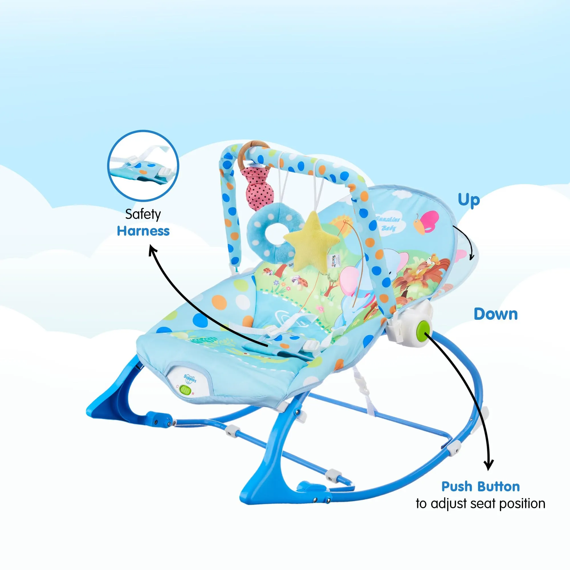 Amazon Brand - Supples Baby Rocker with Detachable Toy Bar, Calming Vibration, Safe, with Mosquito net, Portable (Blue)
