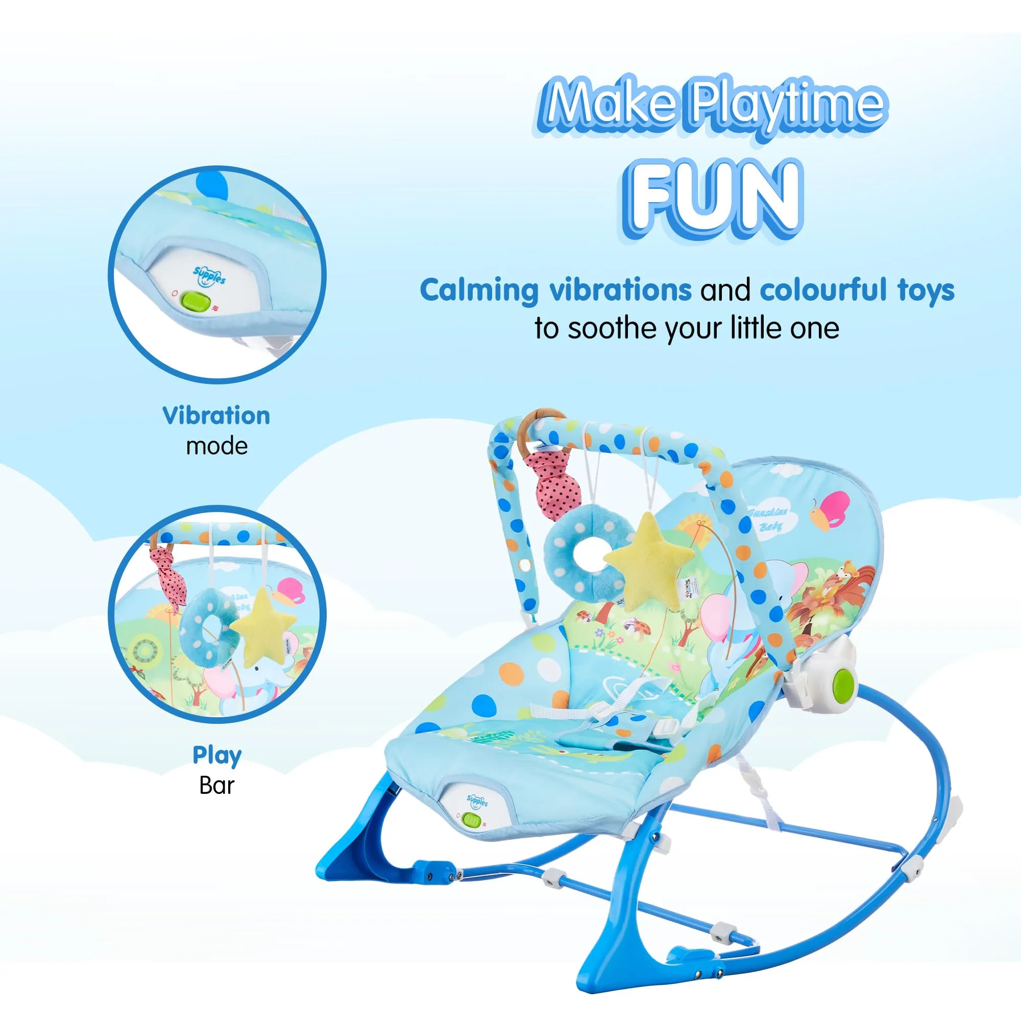 Amazon Brand - Supples Baby Rocker with Detachable Toy Bar, Calming Vibration, Safe, with Mosquito net, Portable (Blue)
