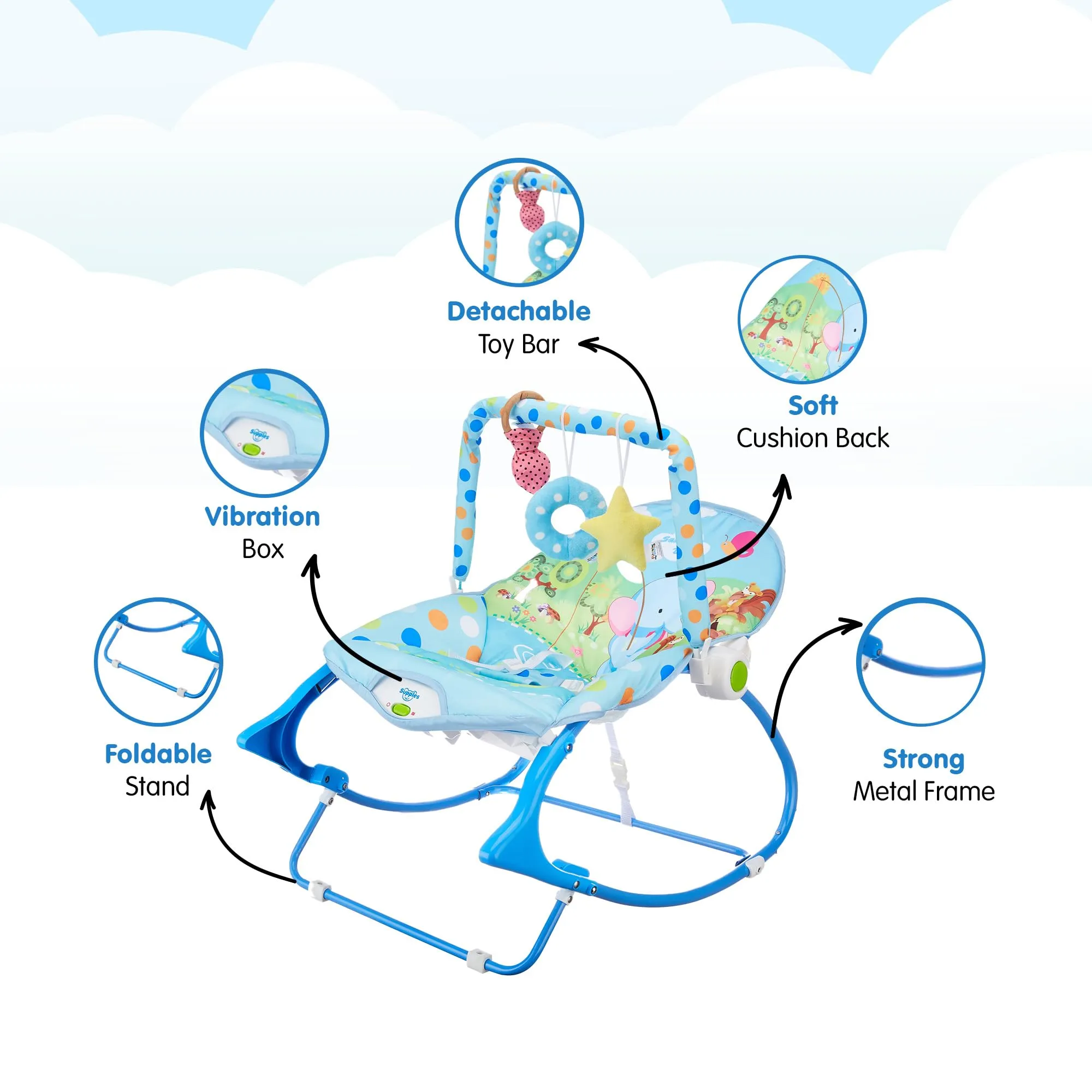 Amazon Brand - Supples Baby Rocker with Detachable Toy Bar, Calming Vibration, Safe, with Mosquito net, Portable (Blue)