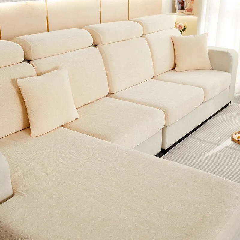 Anyhouz Sofa Cover Beige L-Shape Polyester Chenille Thick Stretchable Cushion For Living Room Normal Size Medium
