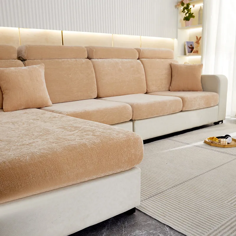 Anyhouz Sofa Cover Coffee L-Shape Polyester Chenille Thick Stretchable Cushion For Living Room Enlarge Size Large