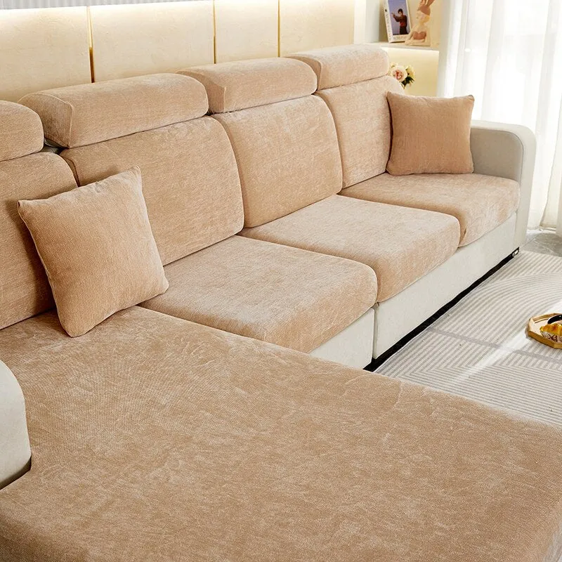 Anyhouz Sofa Cover Coffee L-Shape Polyester Chenille Thick Stretchable Cushion For Living Room Enlarge Size Large