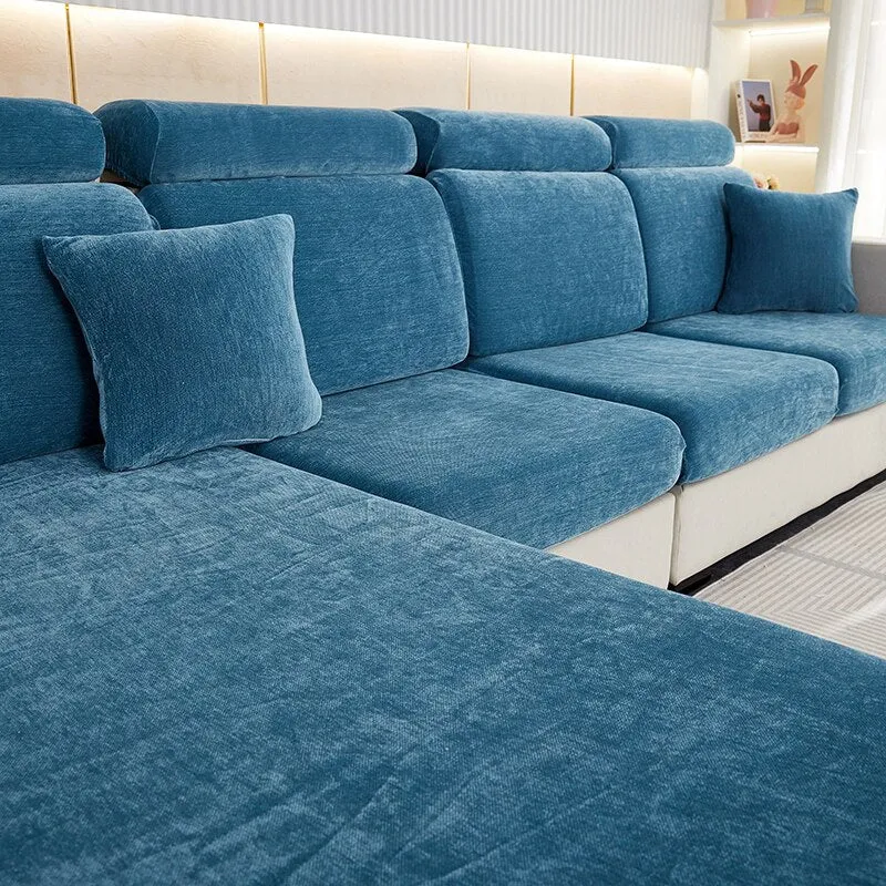 Anyhouz Sofa Cover Dark Blue L-Shape Polyester Chenille Thick Stretchable Cushion For Living Room Enlarge Size Medium