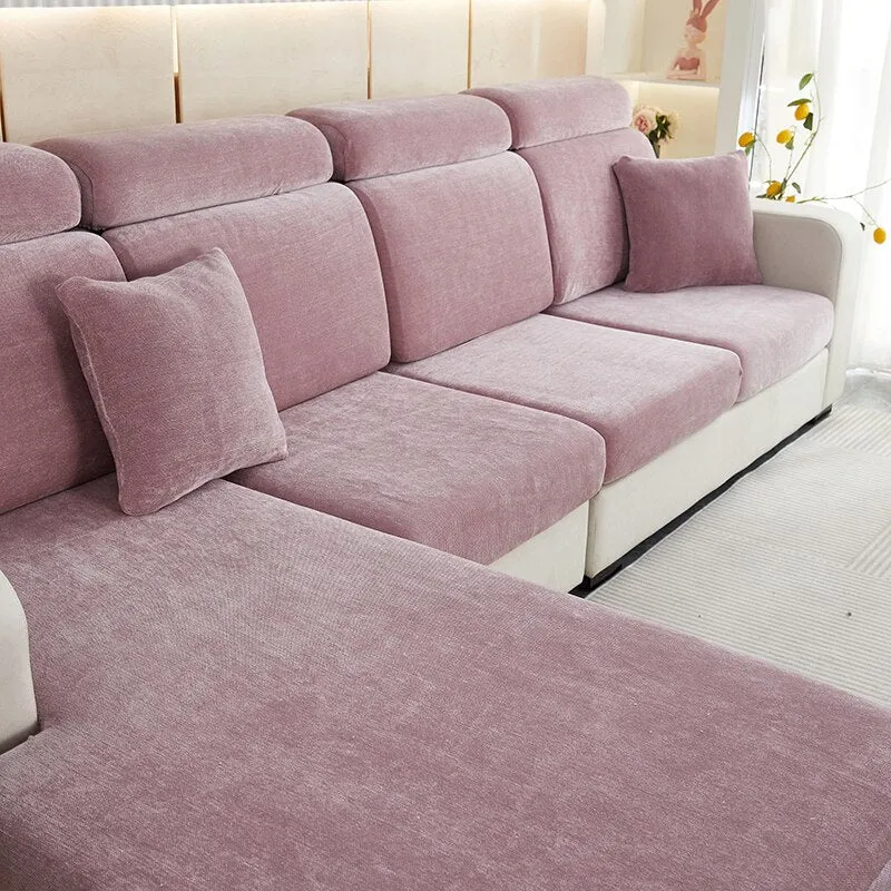 Anyhouz Sofa Cover Old Rose L-Shape Polyester Chenille Thick Stretchable Cushion For Living Room Enlarge Size Medium