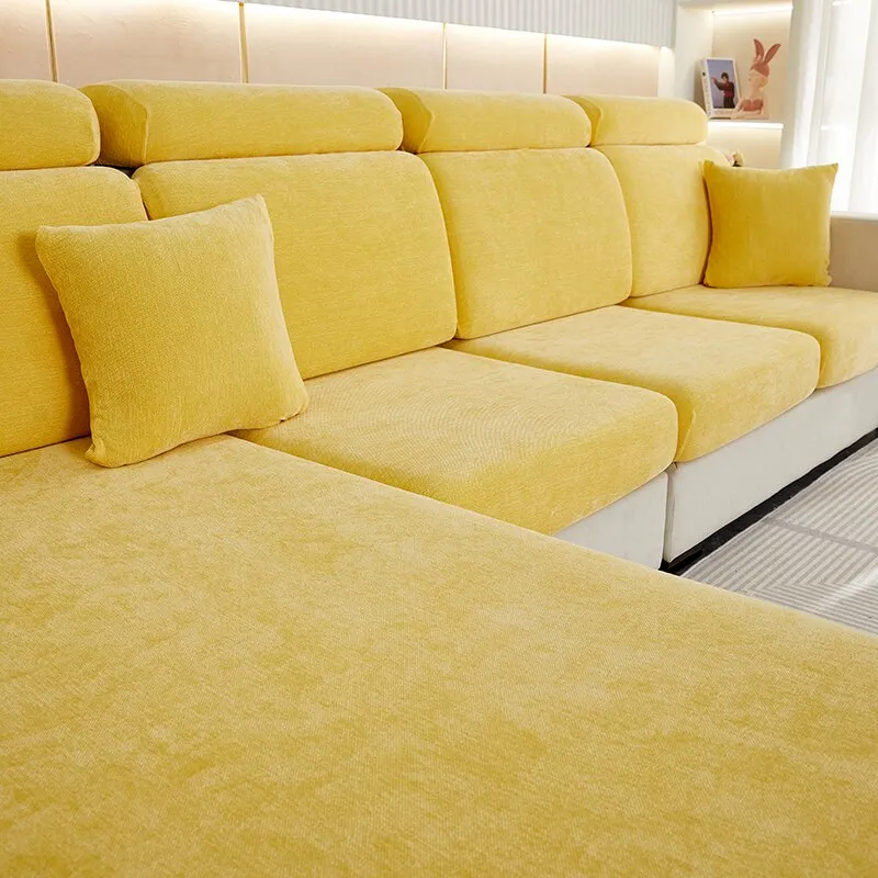 Anyhouz Sofa Cover Pastel Yellow L-Shape Polyester Chenille Thick Stretchable Cushion For Living Room Enlarge Size Extra Large
