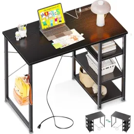AODK Laptop Desk Small Desk, 32 Inch Computer Desk with Power Outlet and USB & Type-C Charging Port, Writing Desk with 3-Tier Reversible Storage Shelf for Home Office, 32'' x 16'', Black