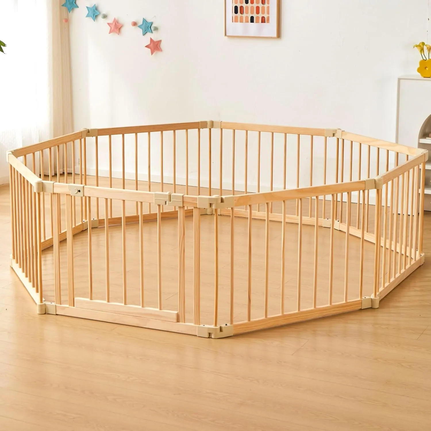 Baby Playpen Door Wooden Fence Large with Door Gate,Wooden Playpen for Babies and Toddlers,Wooden Baby playpen with Door, Changeable & Expandable