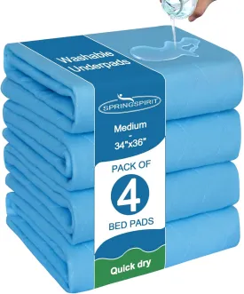 Bed Pads Washable Waterproof 34'' x 36'' (Pack of 4), Reusable Incontinence Underpads for Adults, Washable Pee Pads, Great for Dogs, Cats, Bunny, Seniors Bed Pad, Blue
