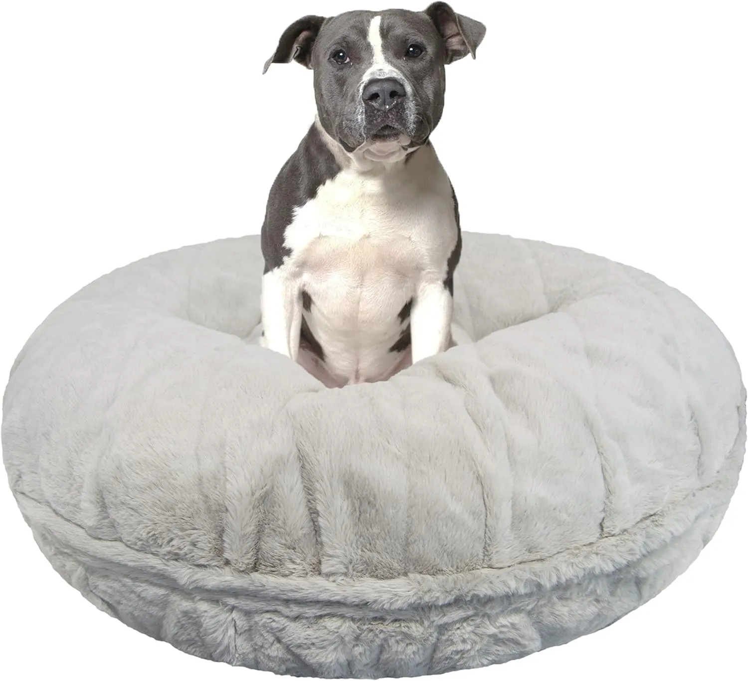 Bessie   Barnie Bagel Dog Bed - Extra Plush Faux Fur Bean Circle Waterproof Lining & Removable Washable Cover Calming Bed, Grey Stone (Bed Blanket), M 36" (Bagel-Gyse-MD)