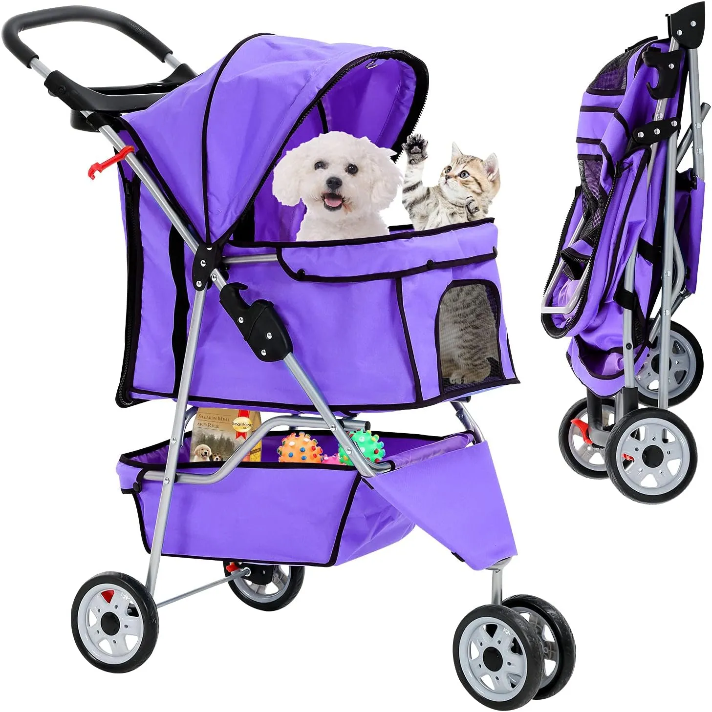 Best 3 Wheels Pet Stroller for Dog Stroller Cat Stroller, Lightweight & Foldable Pet Jogger Stroller, Carrier Strolling Cart W/Cup Holders Removable Liner for Small and Medium Dog Cat or Pet - Purple