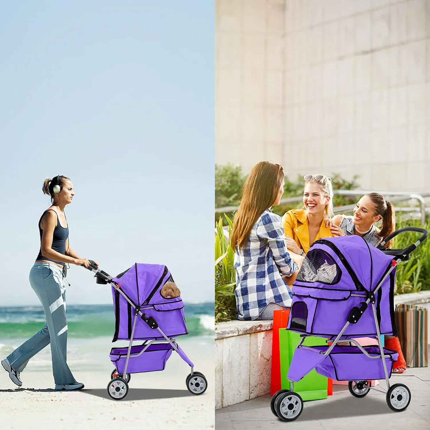 Best 3 Wheels Pet Stroller for Dog Stroller Cat Stroller, Lightweight & Foldable Pet Jogger Stroller, Carrier Strolling Cart W/Cup Holders Removable Liner for Small and Medium Dog Cat or Pet - Purple