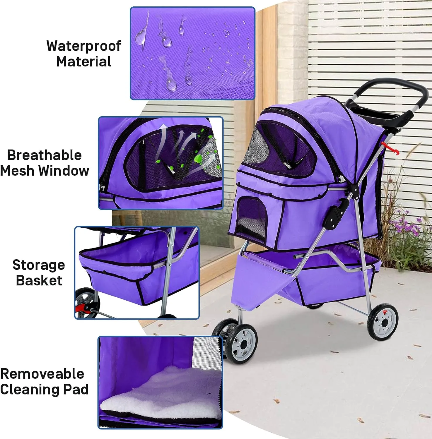 Best 3 Wheels Pet Stroller for Dog Stroller Cat Stroller, Lightweight & Foldable Pet Jogger Stroller, Carrier Strolling Cart W/Cup Holders Removable Liner for Small and Medium Dog Cat or Pet - Purple