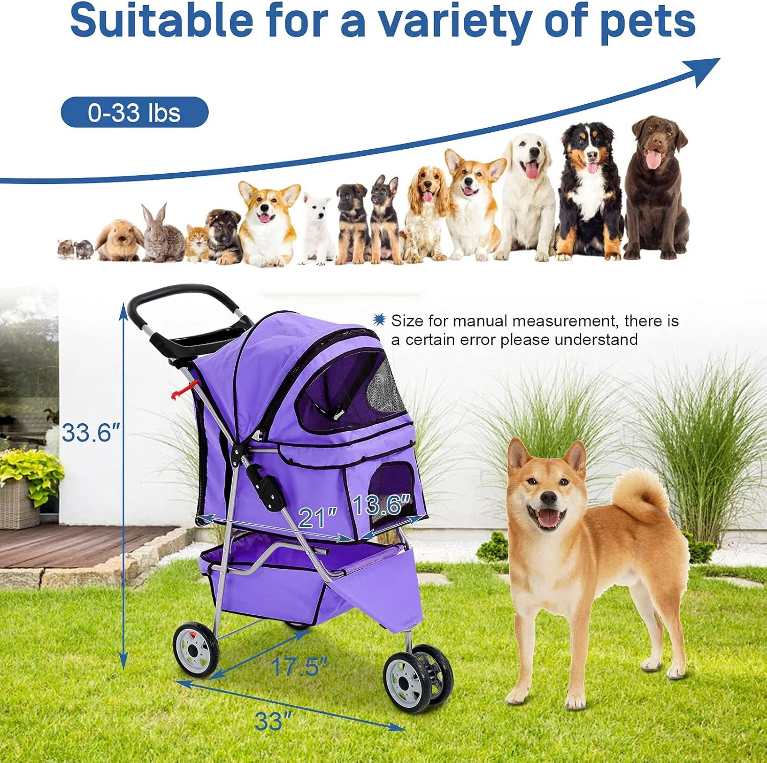 Best 3 Wheels Pet Stroller for Dog Stroller Cat Stroller, Lightweight & Foldable Pet Jogger Stroller, Carrier Strolling Cart W/Cup Holders Removable Liner for Small and Medium Dog Cat or Pet - Purple