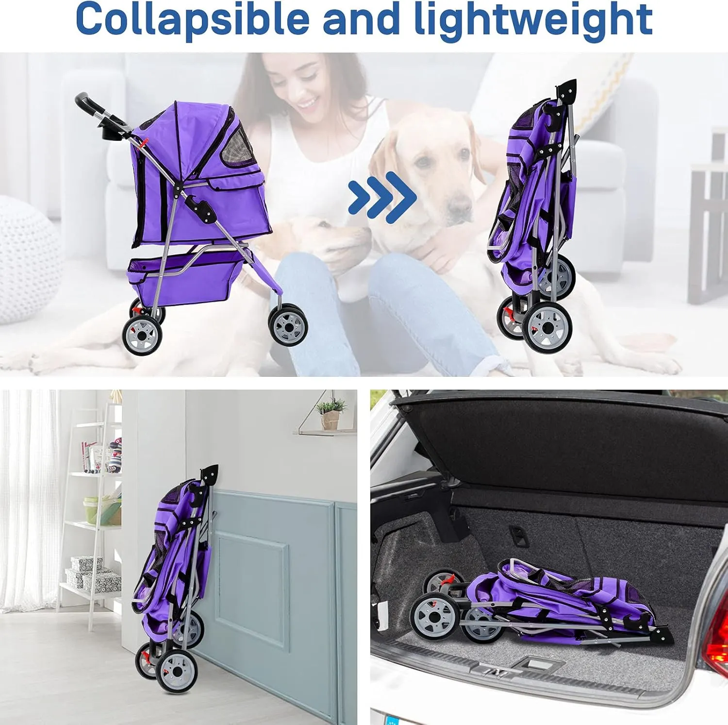 Best 3 Wheels Pet Stroller for Dog Stroller Cat Stroller, Lightweight & Foldable Pet Jogger Stroller, Carrier Strolling Cart W/Cup Holders Removable Liner for Small and Medium Dog Cat or Pet - Purple