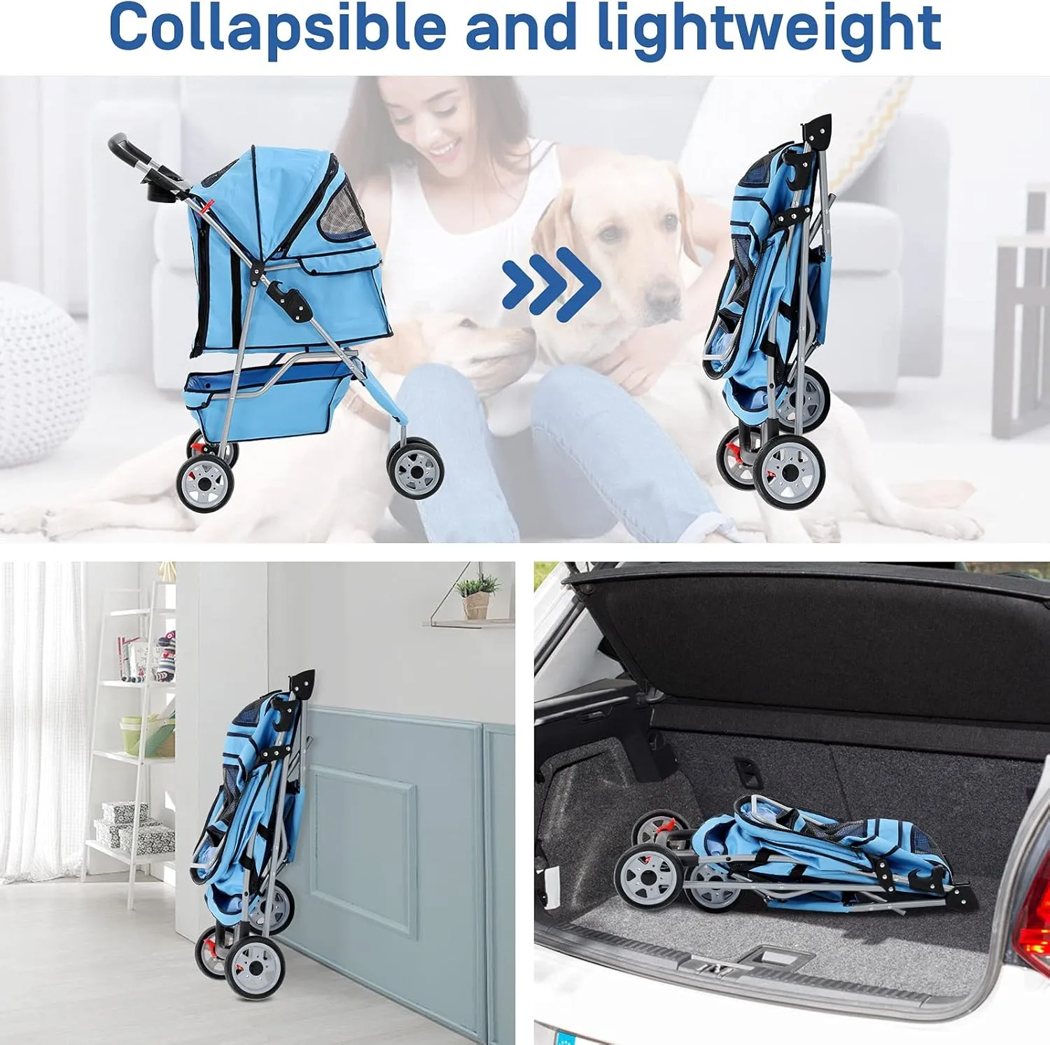 Best 3 Wheels Pet Stroller for Dog Stroller Cat Stroller, Lightweight and Foldable Pet Jogger Stroller, Carrier Strolling Cart W/Cup Holders Removable Liner for Small and Medium Dog Cat or Pet - Blue