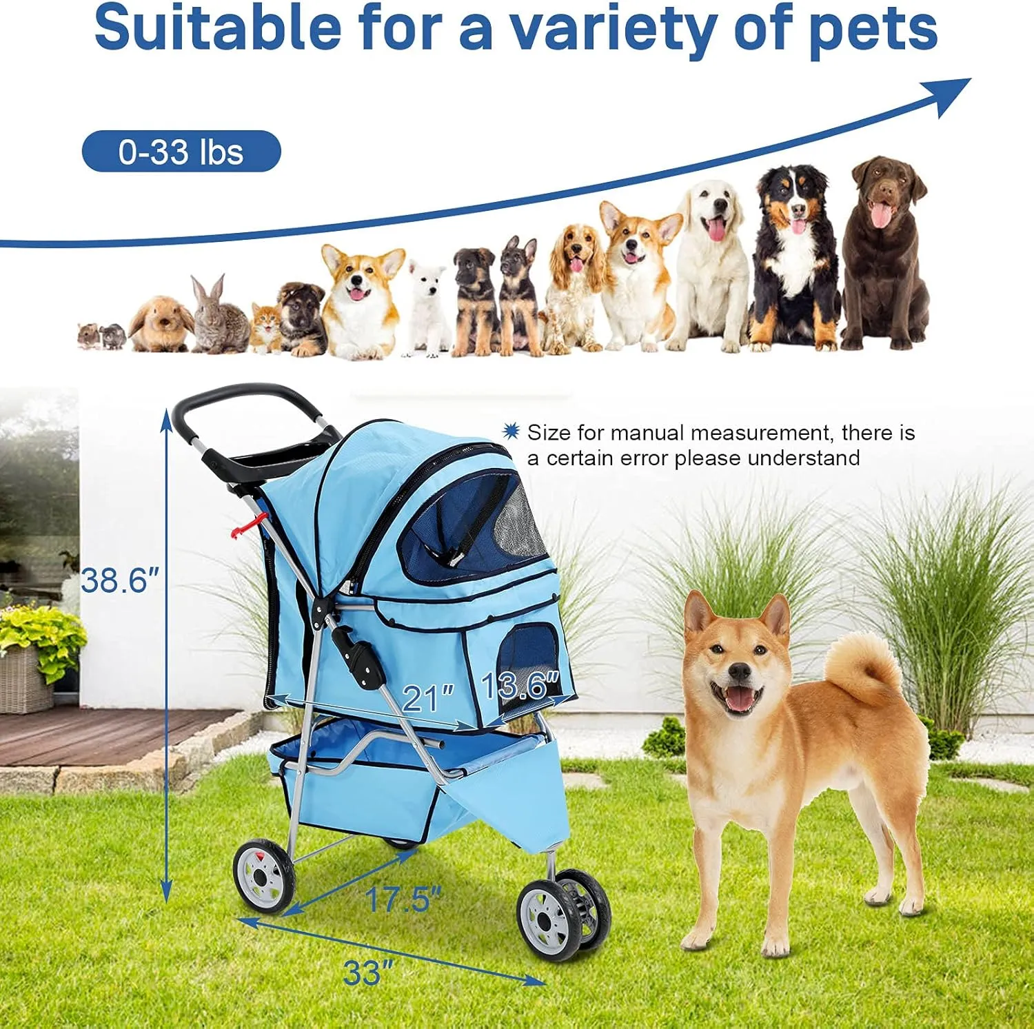 Best 3 Wheels Pet Stroller for Dog Stroller Cat Stroller, Lightweight and Foldable Pet Jogger Stroller, Carrier Strolling Cart W/Cup Holders Removable Liner for Small and Medium Dog Cat or Pet - Blue