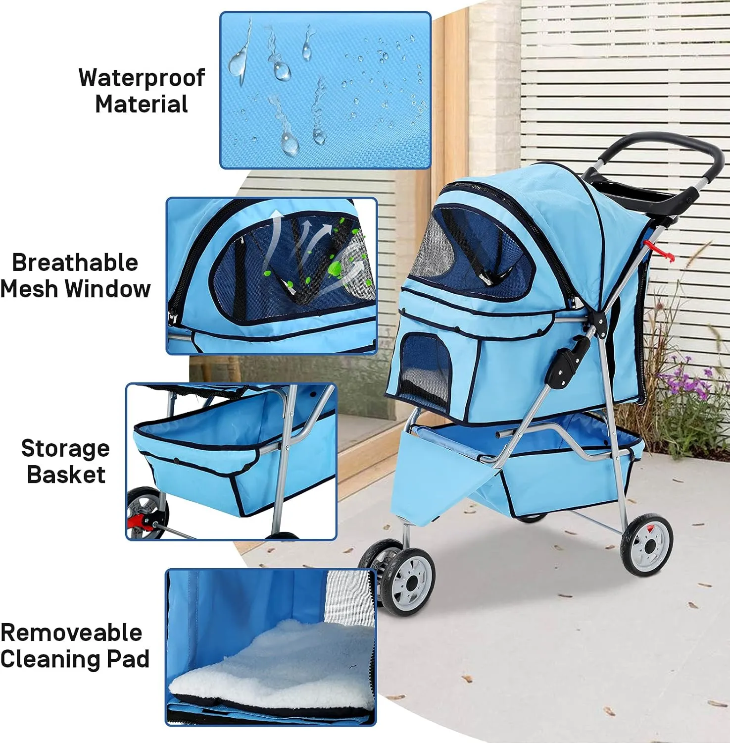 Best 3 Wheels Pet Stroller for Dog Stroller Cat Stroller, Lightweight and Foldable Pet Jogger Stroller, Carrier Strolling Cart W/Cup Holders Removable Liner for Small and Medium Dog Cat or Pet - Blue