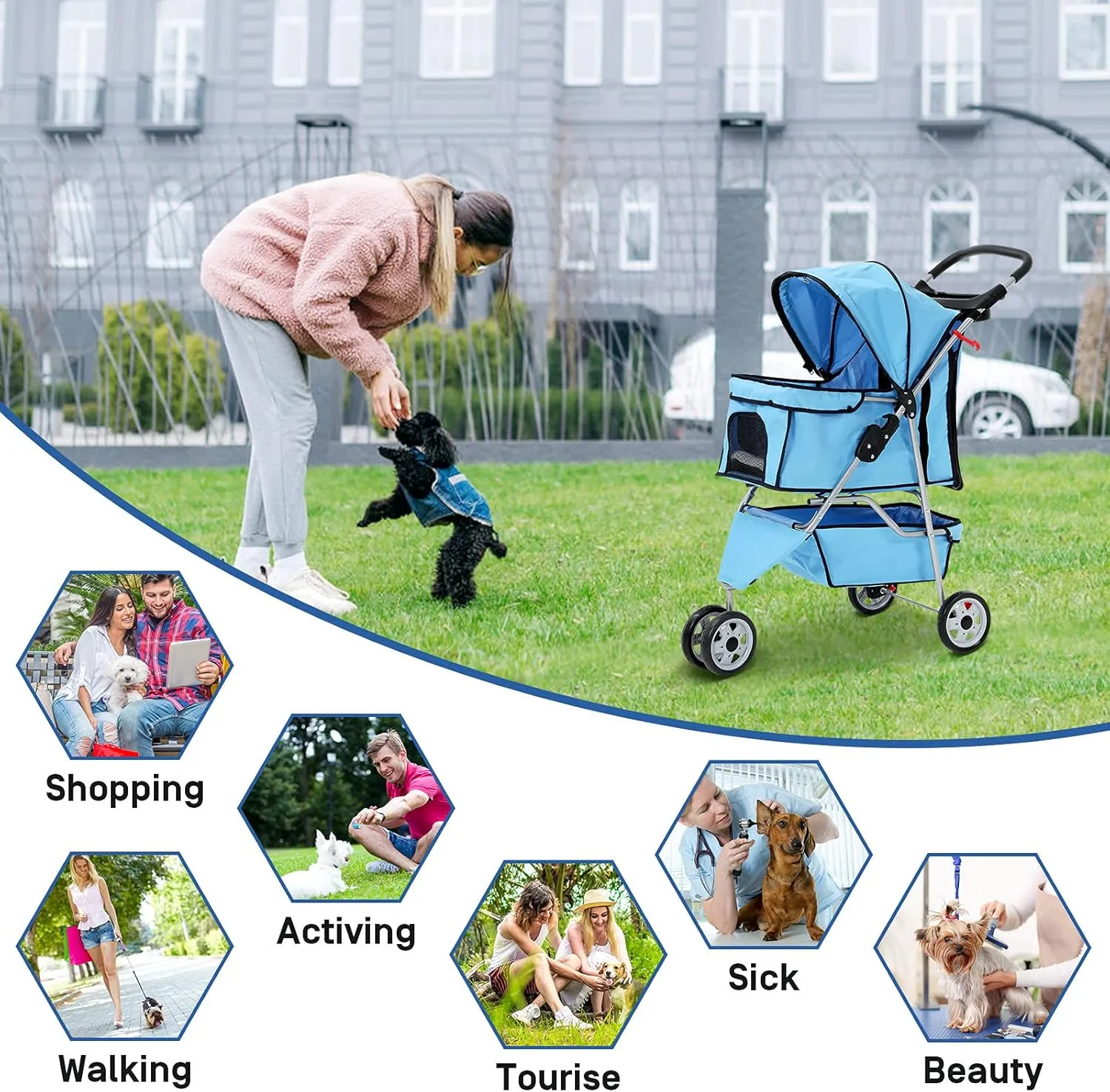 Best 3 Wheels Pet Stroller for Dog Stroller Cat Stroller, Lightweight and Foldable Pet Jogger Stroller, Carrier Strolling Cart W/Cup Holders Removable Liner for Small and Medium Dog Cat or Pet - Blue
