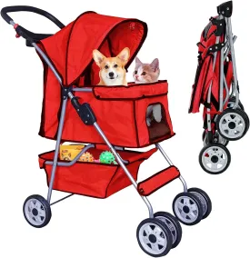 Best 4 Wheels Pet Stroller for Dog Cat, Lightweight and Foldable Pet Jogger Stroller, Carrier Strolling Cart W/Cup Holders Removable Liner for Small and Medium Dog Cat or Pet - Red