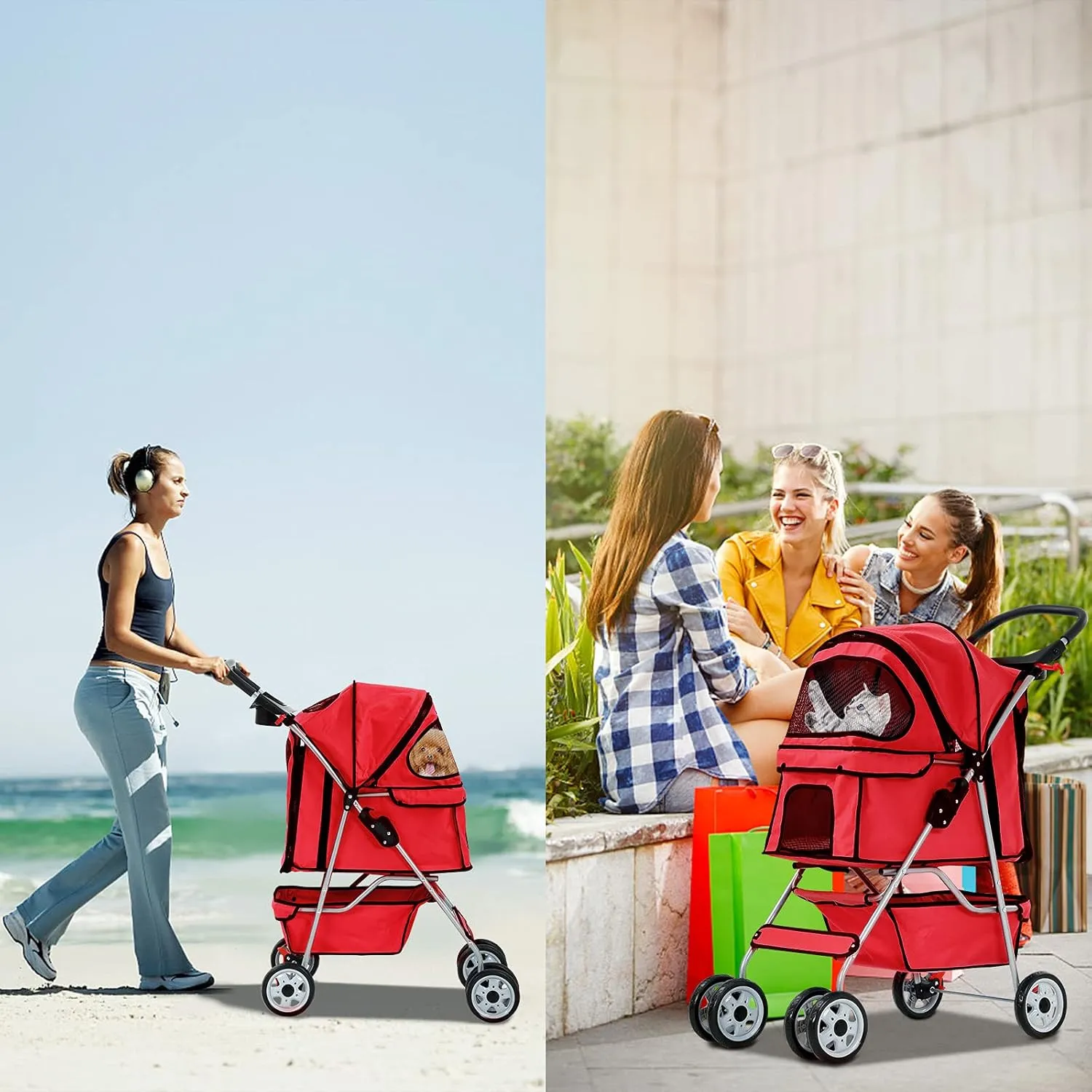 Best 4 Wheels Pet Stroller for Dog Cat, Lightweight and Foldable Pet Jogger Stroller, Carrier Strolling Cart W/Cup Holders Removable Liner for Small and Medium Dog Cat or Pet - Red