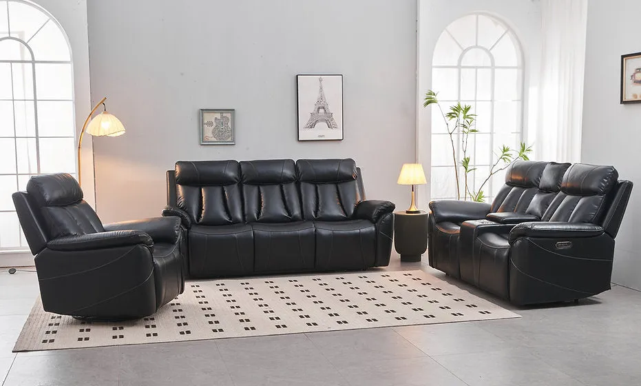 Black 3 PC Air Leather Power Recliner Sofa Set- Includes USB, Storage & Cup Holders- Model #8015