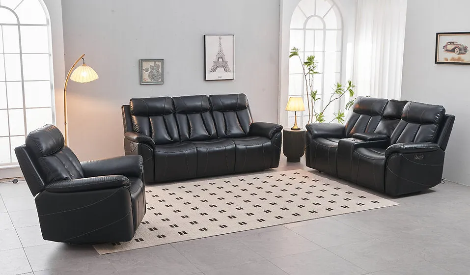 Black 3 PC Air Leather Power Recliner Sofa Set- Includes USB, Storage & Cup Holders- Model #8015